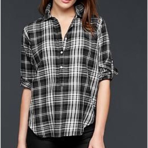 Grey GAP Plaid Flannel Roll Tab 3/4 Sleeve Blouse with Silver Accent Thread - Picture 11 of 11